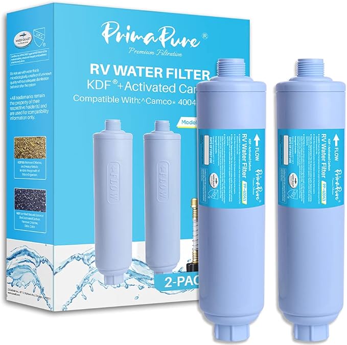 2-Pack PrimaPure RV Inline Water Filter KDF Activated Carbon Replacement for Camco 40043 Standard Water Hose, Garden Hose, Camping with1 Flexible Hose Certified To NSF/ANSI 42 by IAPMO R&T