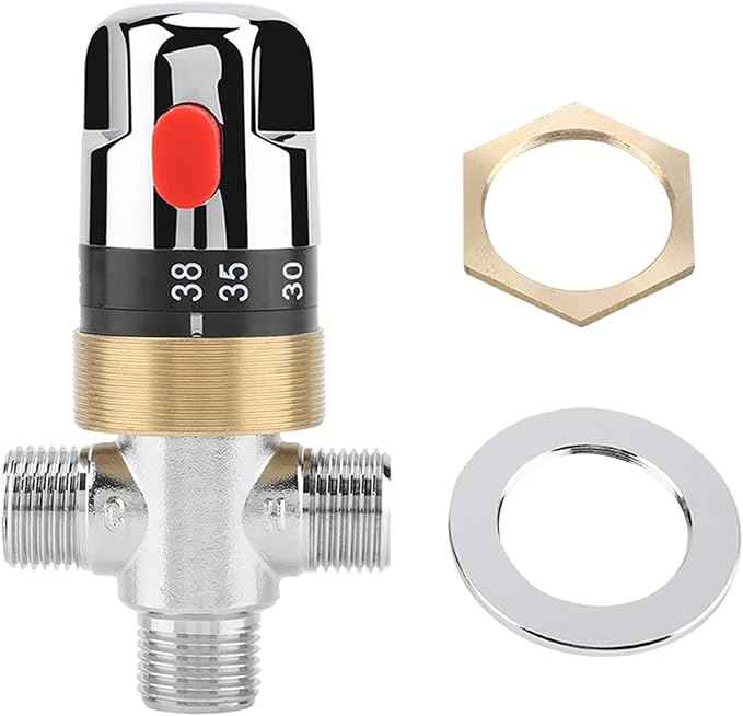G1/2in Thermostatic Mixing Valve, Bathroom Water Temperature Control, Brass Thermostat Valve with Safety Switch for Bathtub Basin Kitchen, Easy to Install Durable Chrome Plated Acc