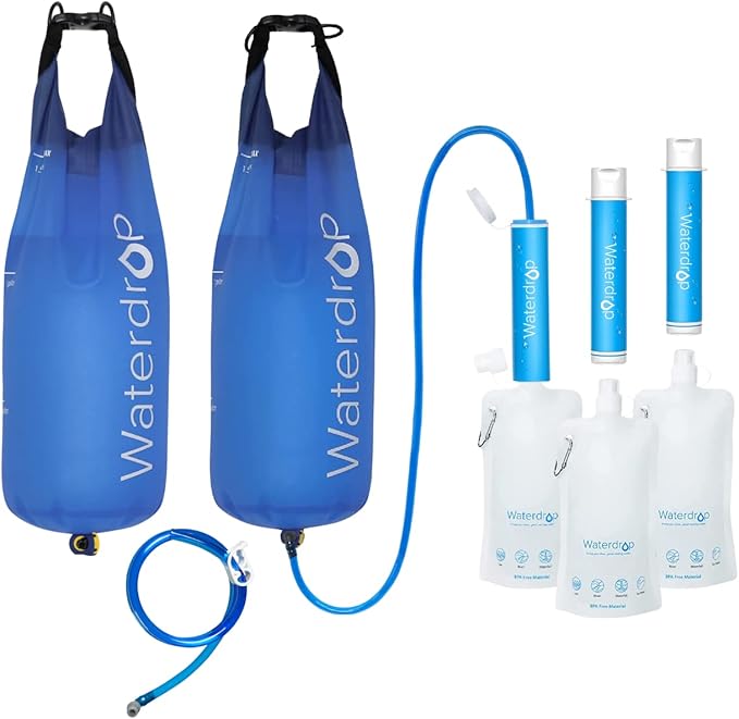 Waterdrop Water Filter Straw 3 Pack with 2 Gravity Water Bag, Gravity Water Filtration System, Water Purifier Survival for Travel, Backpacking, 1.5 gal Bag, 0.1 Micron, 5 Stage Filtration