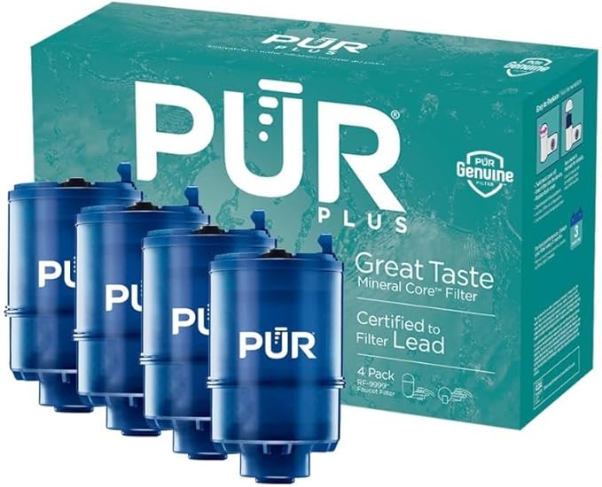 PUR Plus Faucet Mount Replacement Filter 4-Pack, Genuine PUR Water Filter for Sink Faucet, 3-in-1 Mineral Filtration, Lead Reducing, 1-Year Value, Blue (RF99994)