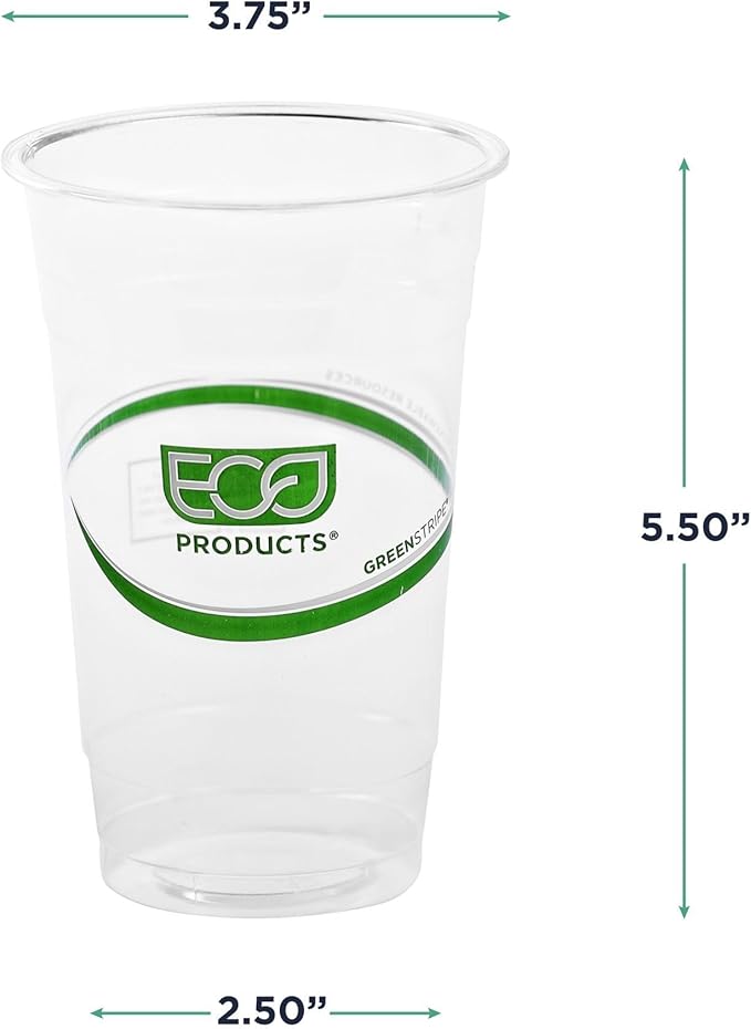 ECO PRODUCTS GreenStripe Clear Compostable 20oz PLA Large Plastic Cups, Case of 1000, Disposable Renewable Plant-Based Cold Cups, For Cold Drinks & Snacks, BPI Certified, ASTM Compliant.