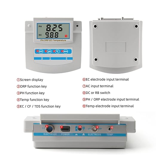 6-in-1 Water Quality Monitor, Smart Desktop Water Quality Tester with PH ORP EC CF TDS Temp Tester Function, Rechargeable Continuous Monitor Tester with LCD Display, for Aquariums Pools[US110V]