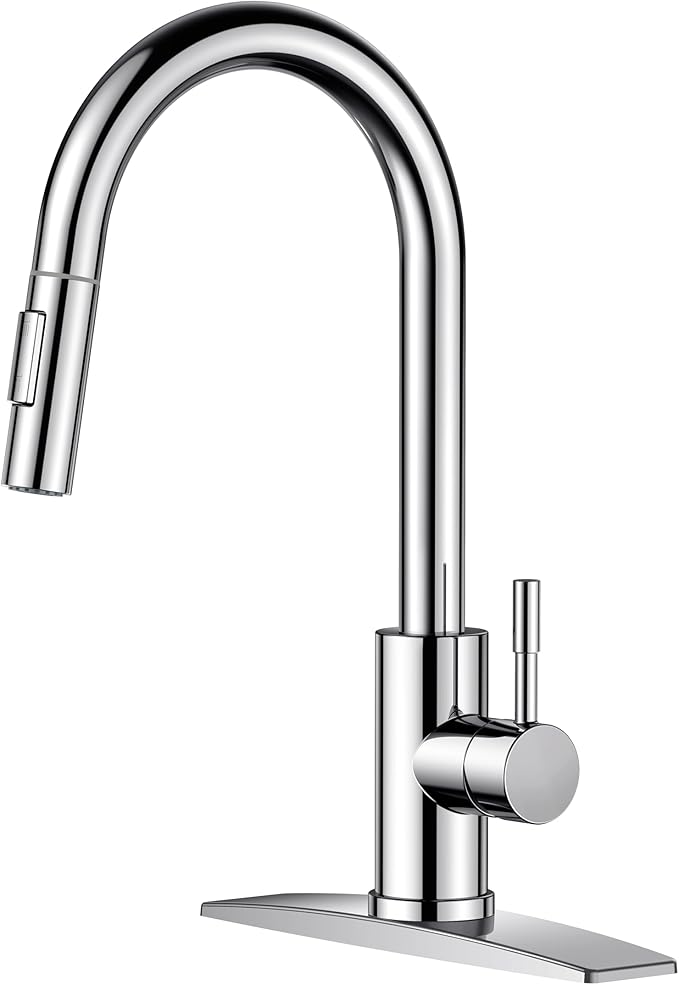 FORIOUS Chrome Kitchen Faucet with Pull Down Sprayer, High Arc Modern Classic Sink Faucet Stainless Steel with Deck Plate Fit for 1 or 3 Hole for Pot Filler Bar Farmhouse Laundry Rv