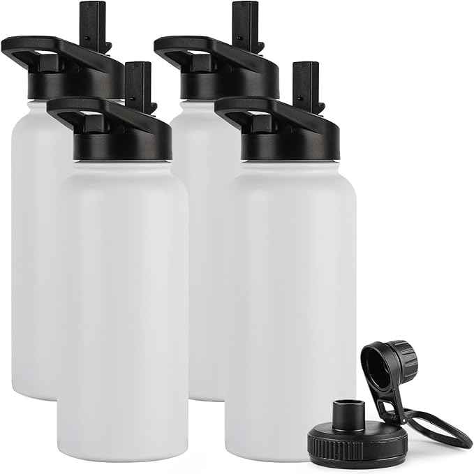 DOMICARE 32 oz Insulated Water Bottle Bulk, Vacuum Insulated Stainless Steel Sports Water Bottle with Straw Lid & Spout Lid, Leakproof, Reusable - Travel, Camping, Bike, White (4 Pack)