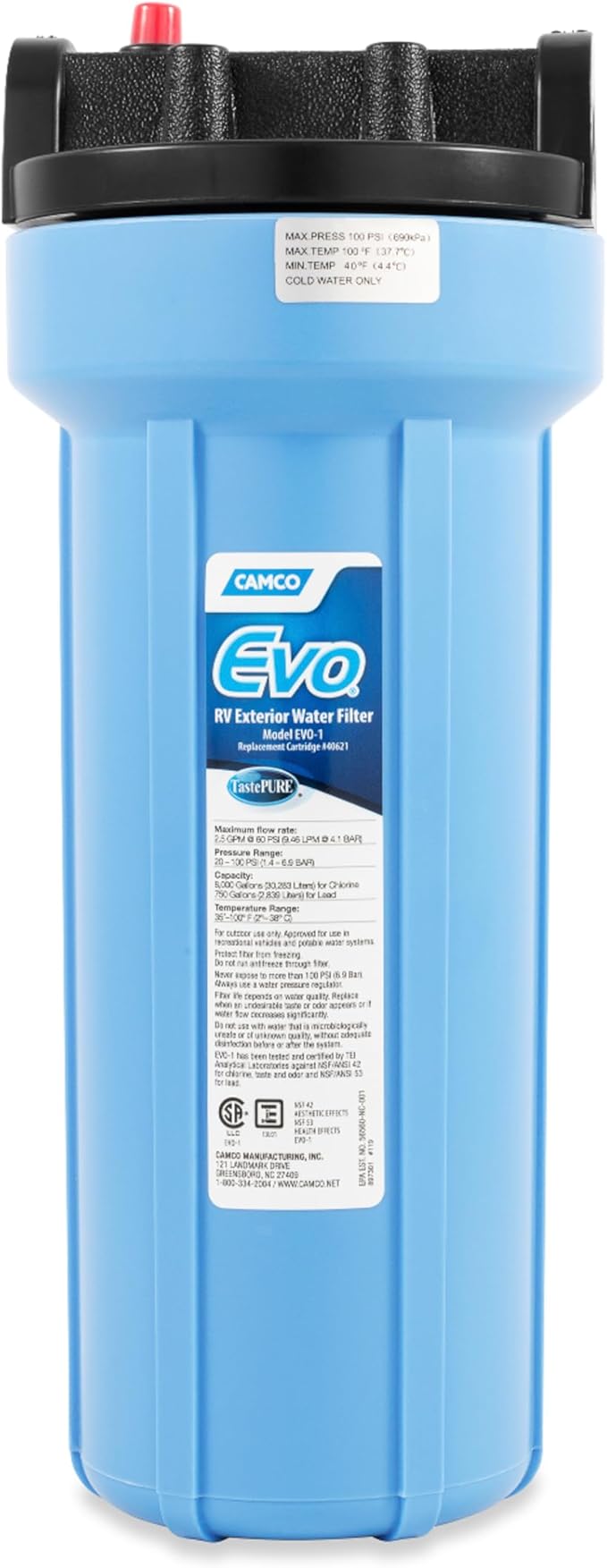 Camco Evo RV Water Filter - Features Granulated Activated Carbon for Bacteria Control & a Replaceable Premium Spun Polypropylene Filter Cartridge - Camper Essentials for Clean Drinking Water (40631)