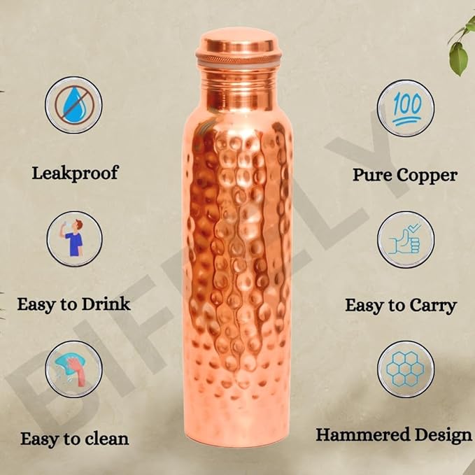 Copper Water Bottle - 34oz - Handcrafted Ayurvedic 100% Pure Copper Water Bottle for Drinking |Men & Women| Leak-Proof Lid BPA Free Non-Insulated & Eco Friendly with Premium Quality for Sport & Travel
