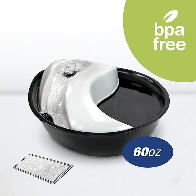 Pioneer Pet Raindrop Fountain, Pet Drinking Fountains (60 oz., Plastic -Black & White)