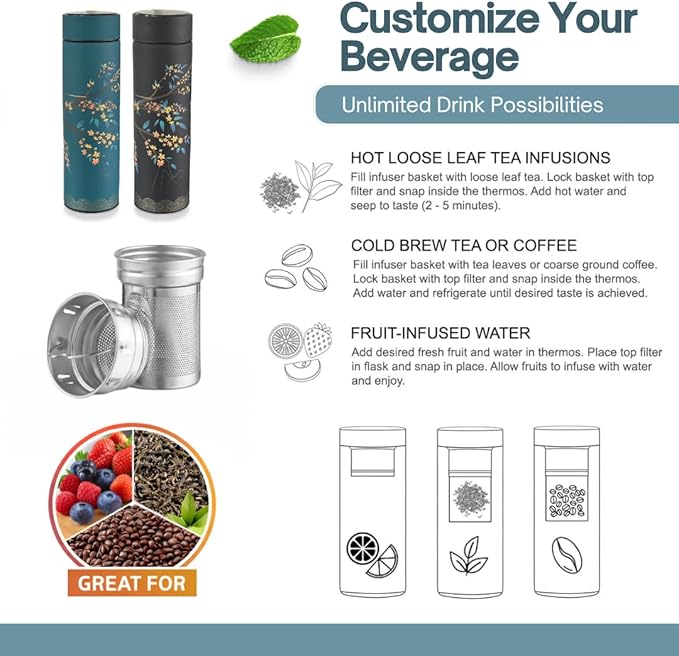 Farasi Tea Infuser for Loose Leaf Tea Smart Water Bottle with Fahrenheit Temperature Display, Stainless Steel Insulated Coffee and Fruit Tea Infuser Bottle - Floral Travel Tea Mugs 15 oz (Black)