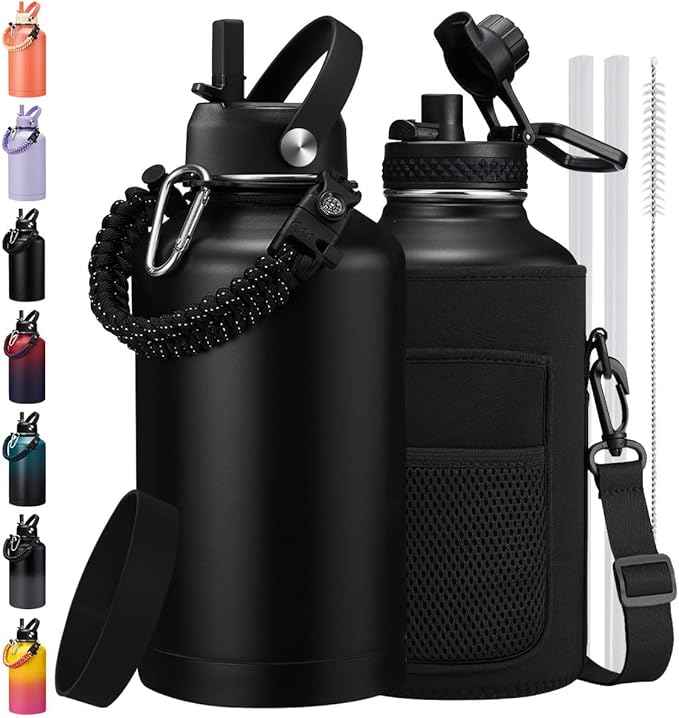 1/2 Gallon Water Bottle Insulated - Keep Cold 48H, with Carrier Pouch, Straw & Auto Spout Lid, Paracord Handle & Protective Boot, 64oz Water Jug Half Gallon Stainless Steel Flask Set