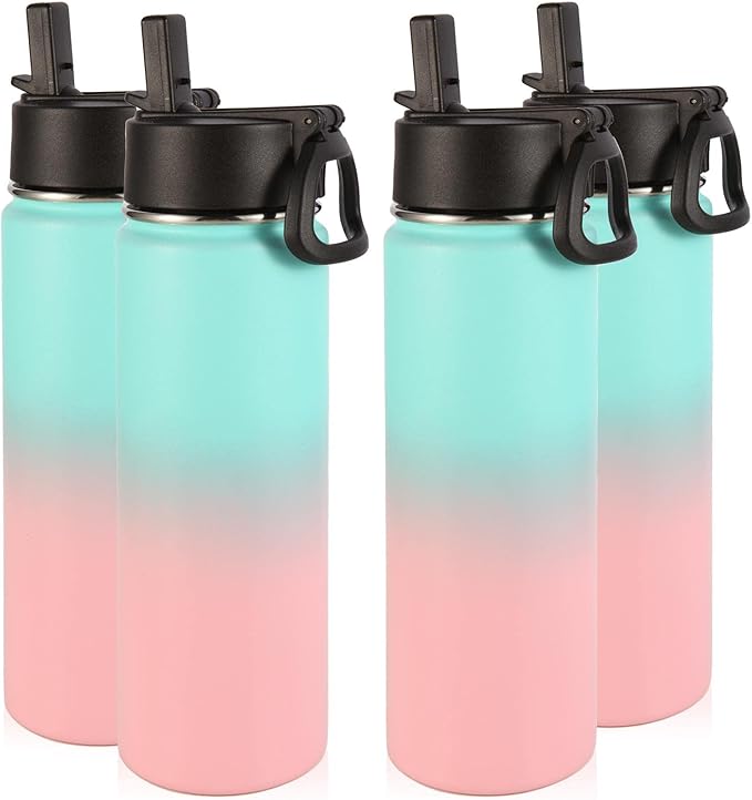Volhoply Insulated Water Bottles with Straw Bulk 4 Pack, 22 oz Stainless Steel Sports Bottle with Handle Lid,Double Walled Vacuum Metal Travel Water Cups Flask for School Hiking(Green Pink,4 Set)