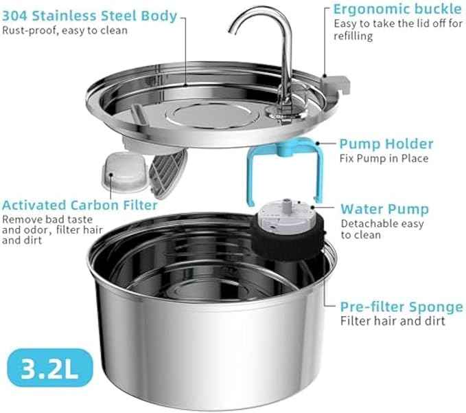 Dog Water Fountain, 3.2L/7L Filtered Water Fountain, Super Quiet Stainless Steel Dog Fountain Water Bowl for Large Dog Cats & Small Animals (Silver, 7L-with 2 Filter Element)
