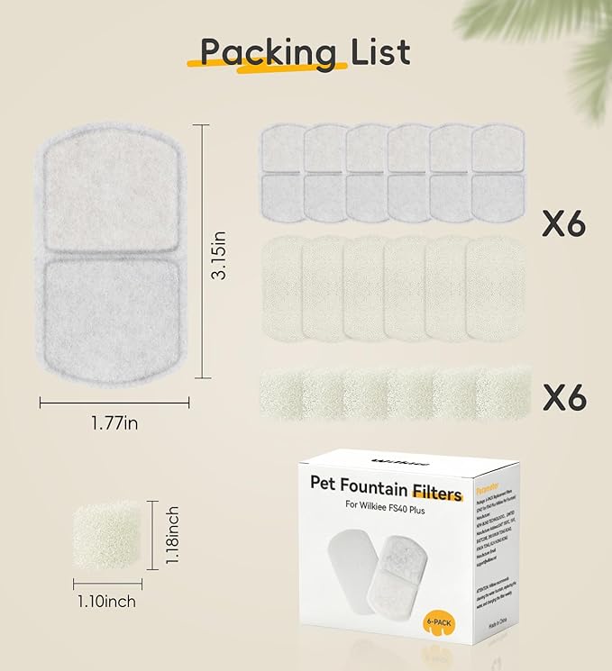 6 Pack Filters Replacement Filters for FS40PLUS with 6 Filter, 6 Layer Filters, Pet Drinking Fountain for 186 fl oz/1.5Gal FS40PLUS