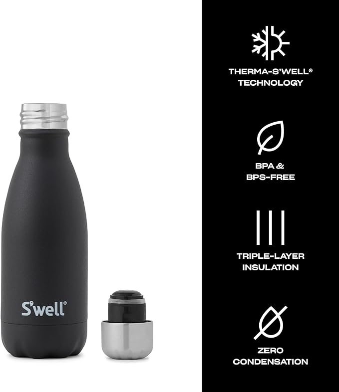 S'well Stainless Steel Water Bottle, 9oz, Onyx, Triple Layered Vacuum Insulated Containers Keeps Drinks Cold for 24 Hours and Hot for 12, BPA Free, Perfect for On the Go