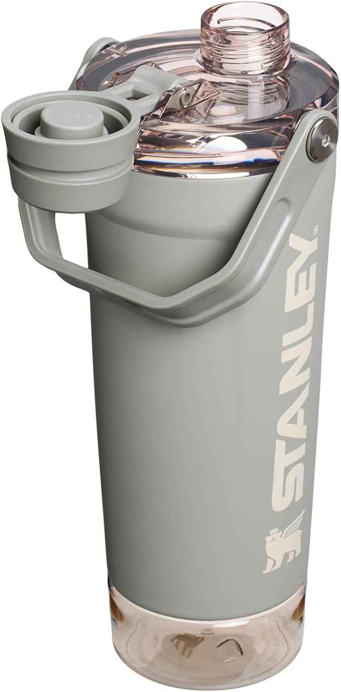 STANLEY Vitalize Shaker Bottle 20 oz | Leakproof Insulated Stainless Steel Shaker Cup | Base Storage and Twist On Fast Flow Lid | Protein Shakes and Pre Workout Powder | BPA-Free | Sage Grey