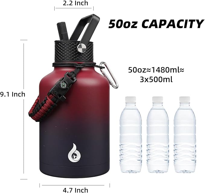 BJPKPK Insulated Water Bottles with Straw Lid, 50oz Large Water Bottle with 3 Lids and Paracord Strap, Stainless Steel Metal Water Bottle, Insulated Water Jug,Charming Red