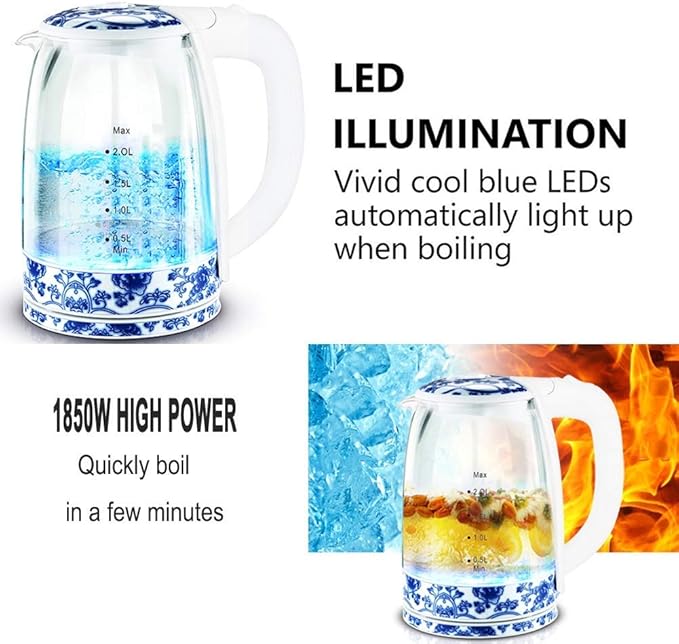 Kettles,2L Glass Electric Kettle,Eco Water Kettle, Cordless Water Boiler with Stainless Steel Inner Lid Base,Fast Boil Auto-Off Boil-Dry Protection,1850W
