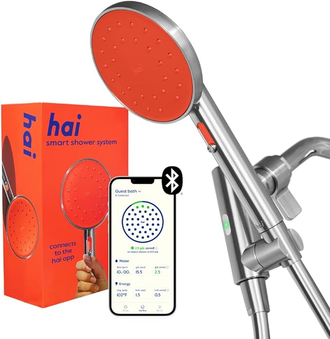 hai Smart Shower Head, Bluetooth Handheld Water Saving Showerhead with Adjustable High Pressure to Spa-Like Mist, Stainless Steel, Easy Installation, Customizable LED Lights, Persimmon, 1.8 GPM