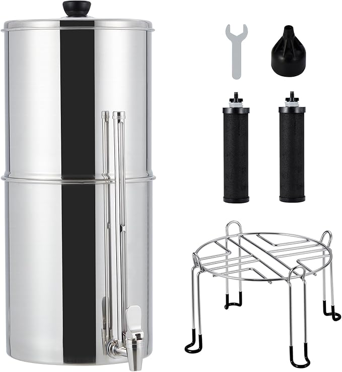 Garvee 2.25G Gravity-fed Water Filter System, Stainless Steel Countertop Filter System with 2 Filters and Stand, Reduce 99% Chlorine, for Home, Camping, RV, Fishing