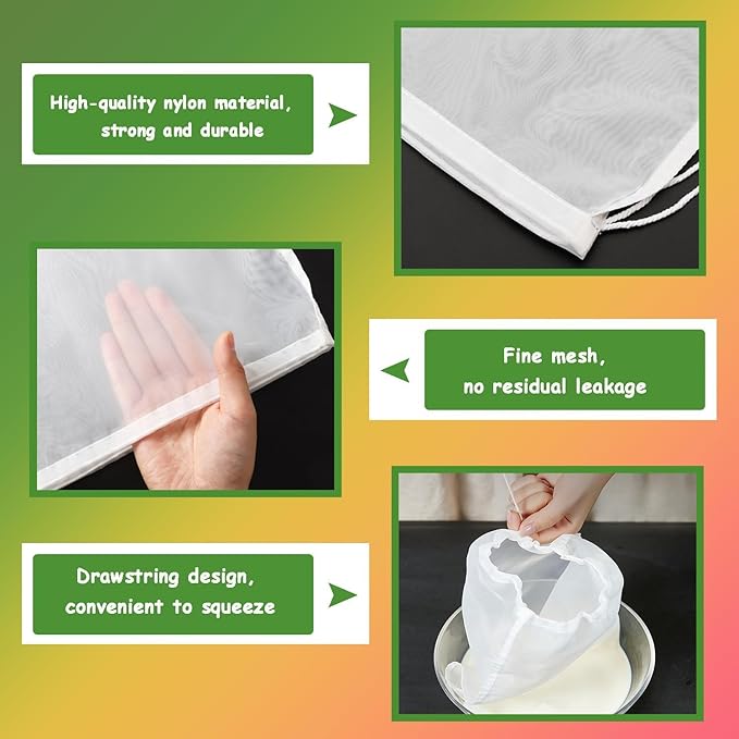 8pcs Nylon Nut Milk Bag 8×12 Inches Fine 200 Micron Cheese Cloth Filter Bag Multiple Usage Reusable Food Strainer Professional Cold Brew Filter for Kitchen Straining Juice Coffee Yogurt Tea