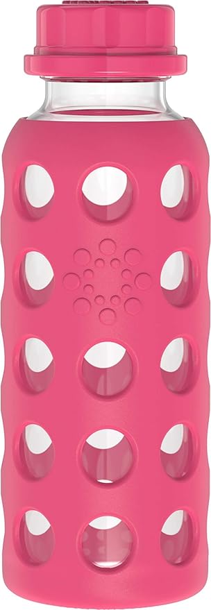 Lifefactory 9-Ounce BPA-Free Glass Water Bottle with Flat Cap and Silicone Sleeve, Raspberry