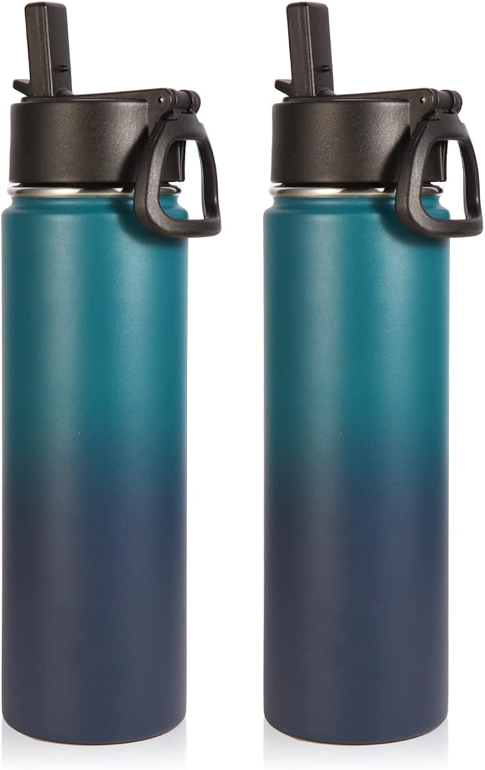 Volhoply Insulated Water Bottles with Straw Bulk 2 Pack, 22 oz Stainless Steel Sports Bottle, Double Walled Vacuum Metal Travel Water Cups, Reusable Water Flask for School Hiking(Dark Night,2 Set)