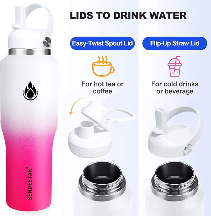 SENDESTAR Water Bottle,Wide Mouth Stainless Steel Vacuum Insulated Double Wall Keep Liquids Cold or Hot All Day,Sweat Proof Sport Design,Fit Car Cup Holder,White&Pink,32 Ounces