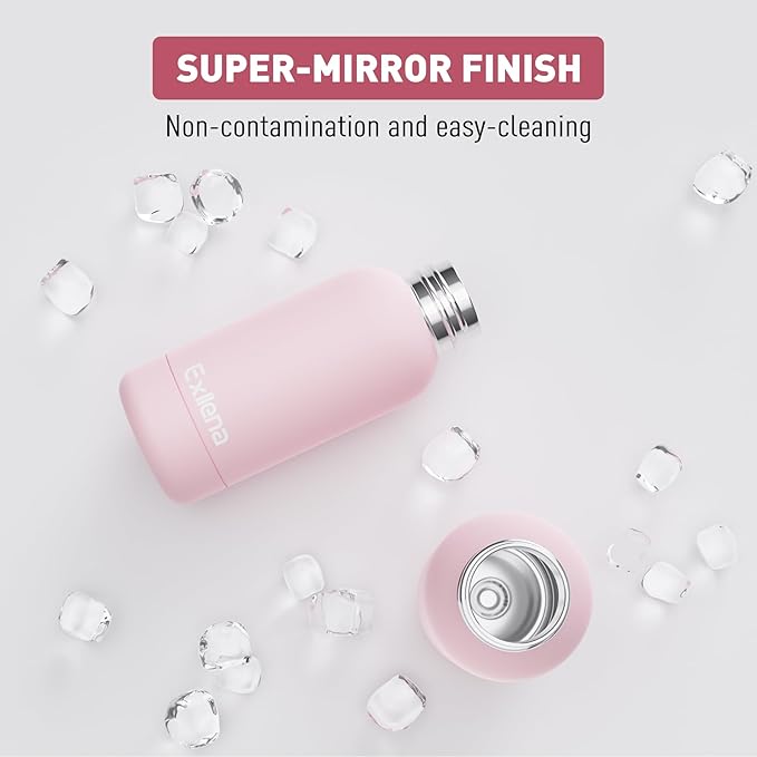 Exllena Small Water Bottle 12oz with Clip, Double Wall Stainless Steel Vacuum Small Insulated Water Bottle Keeps Drinks Cold 24 Hrs/Hot 12 Hrs for Kids Handbag School BPA Free (Pink)