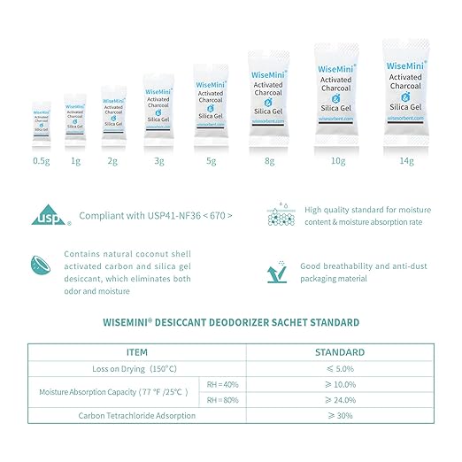 60Pcs 14 Gram Food Safe Desiccant Packs, High Absorption Capacity for Moisture & Odor, Silica Gel & Coconut Shell Activated Carbon Packets for Storage