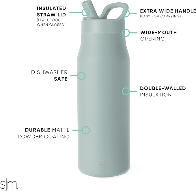 Simple Modern Water Bottle with Straw lid | Insulated Stainless Steel Thermos | Reusable Travel Water Bottles for Gym & Sports | Leak Proof & BPA Free | 34oz, Sea Glass Sage