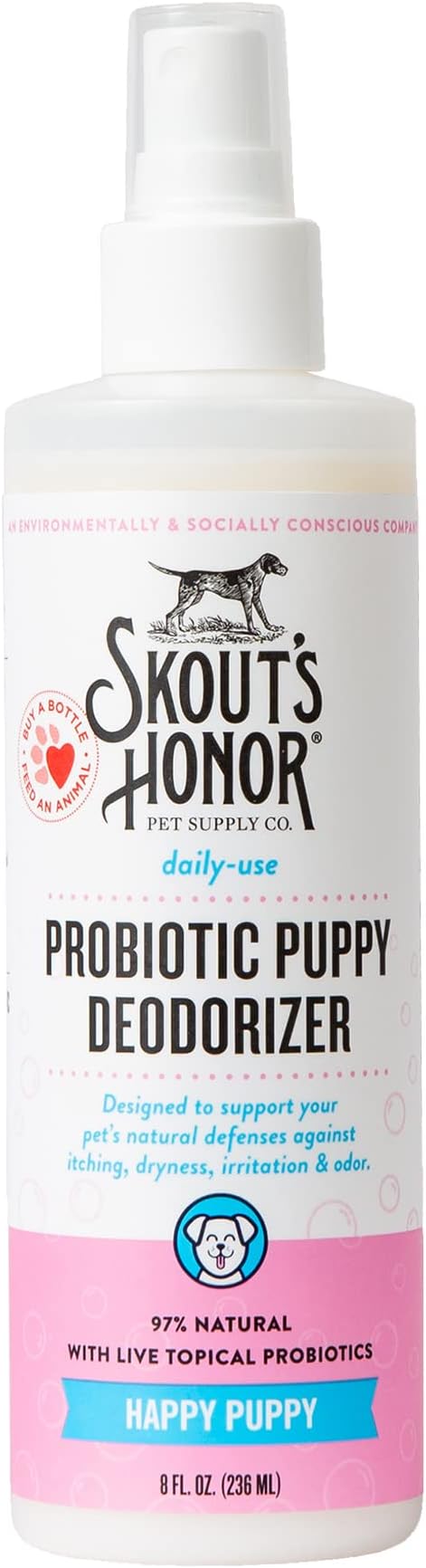 SKOUT'S HONOR Probiotic Deodorizer Spray for Pets- Hydrating Daily-Use with Avocado Oil & Omega-3s, Microbiome Friendly Certiified, Paraben & Sulfate-Free, 97% Natural, 8oz, Happy Puppy - AquaVibe