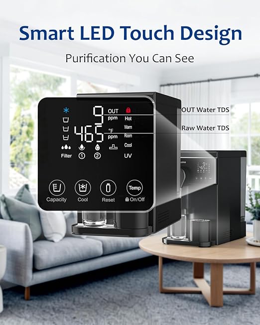 Reverse Osmosis Water Filter Countertop, Hot and Cold Water with 41°F Cooling, Dual Water Source, 6-Stage RO Filtration System with UV, No Installation Home Water Purifier