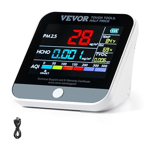 VEVOR Mini Air Quality Monitor 8-in-1, Professional PM2.5 PM10 PM1.0 Particle Counter, Formaldehyde, Temperature, Humidity, TVOC AQI Tester for Indoor/Outdoor, Air Quality Meter w/Alarm Thresholds