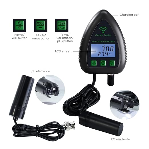Smart Water Quality Tester 5 in 1 pH TDS SG Temp Salinity Tester WiFi Water Quality Meter Data Logger pH Tester TDS Tester Remote Monitor Alarm Notification and Record for Aquarium Hydroponics Pond