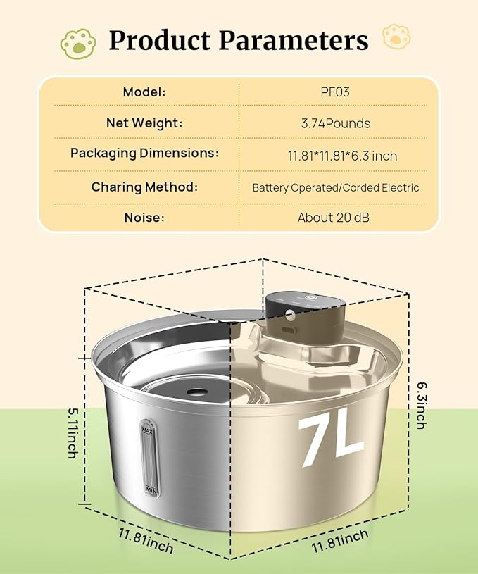 7L Wireless Dog Water Fountain, 6000mAh Battery Operated Stainless Steel Pet Water Dispenser for Large Dogs, Cordless Motion Sensor Water Bowl with Auto Shut-Off, Outdoor/Indoor, Easy-to-Clean