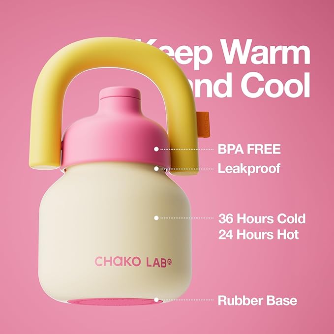 CHAKO LAB Water Bottle with Straw and Carry Handle | Wide Mouth vacuum Ceramic Liner | Reusable, leak-proof and BPA-free | 33oz(Sunshine)