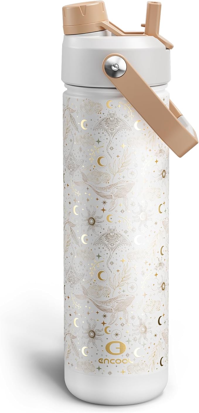 ENCOOL Insulated Water Bottle with Straw Stainless Steel Water Bottle, Leak-Proof, BPA-Free, Double Wall Vacuum Keeps Cold for 24 Hours for Sports, Travel, School (26 oz, Lunaris Whale)