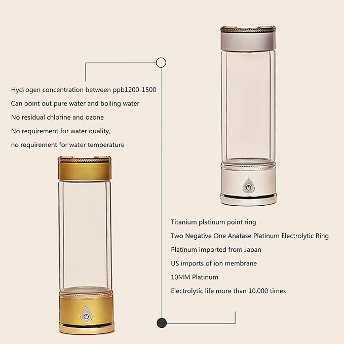 Hydrogen-Rich Water Bottle Portable Hydrogen Alkaline Water Generator Ionizer Mode 3 Mins Make Hydrogen Content Up to 1200-1500PPB USB Rechargeable Molecular Hydrogen Cup 380ML