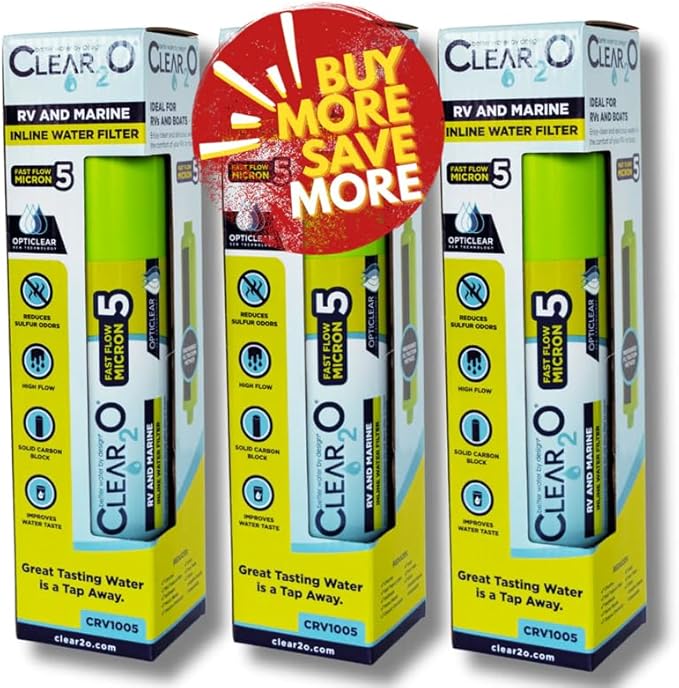 CLEAR2O CRV1005-3 RV & MARINE INLINE WATER FILTERS - 3 Pack Eliminates Sulfur Taste, Odors, and Contaminants for Fresh, Clean Drinking Water