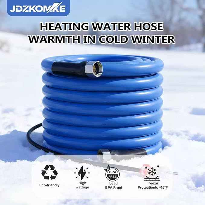 15FT 25T Heated RV Water Hose - Freeze Protection Down to -45°F, Heavy-Duty PVC & Brass Fittings, 1/2" ID Lead-Free Hose for Camping/Poultry Farms
