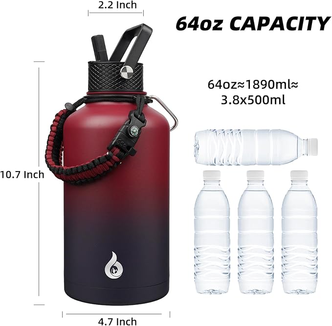 BJPKPK Half Gallon Insulated Water Bottles with 3 Lids and Paracord Strap, 64oz Large, Stainless Steel Water Bottles with Straw Lid, Half Gallon Water Jug,Charming Red