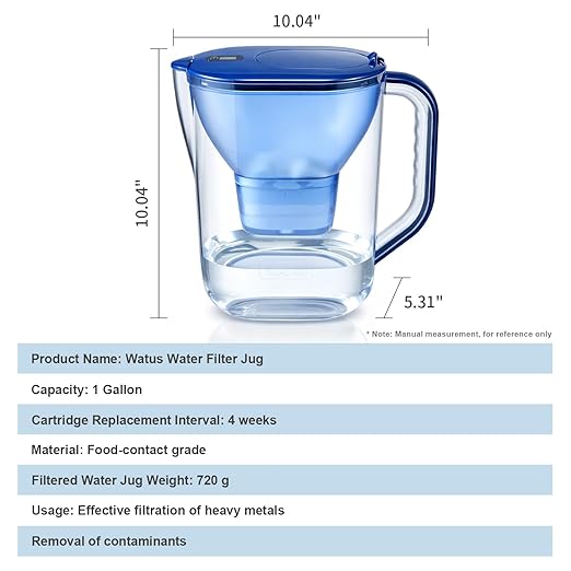 16-Cup Large Water Filter Pitcher with 1 Replacement Filter, BPA-Free Blue Drinking Water Filtration Jug for Tap Water, Reduces Chlorine, Limescale, Lead & Copper, High Capacity Water System