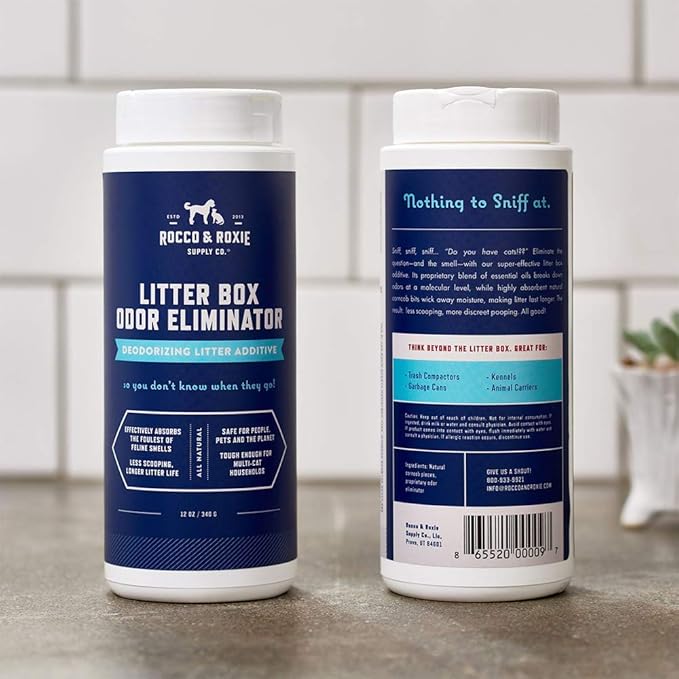Rocco & Roxie Litter Box Odor Eliminator, Best Natural Urine Deodorizer for Cat Litter Boxes Cats Smell Control, Odor Absorber, Safe for Kitty, 12 oz - AquaVibe