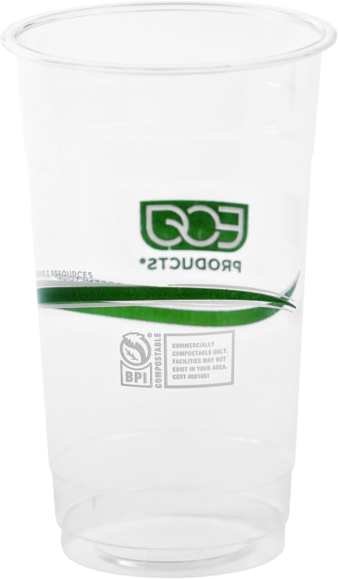 ECO PRODUCTS GreenStripe Clear Compostable 24oz PLA Large Plastic Cups, Pack of 50, Disposable Renewable Plant-Based Cold Cups, For Cold Drinks & Snacks, BPI Certified, ASTM Compliant.