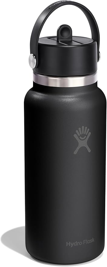 Hydro Flask Water Bottle - Insulated Stainless Steel - Wide Mouth Flex Straw Lid, Non Spill, Leakproof and Refillable in 32 Oz Tonal Black