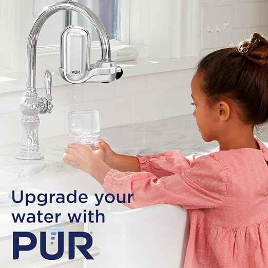 PUR PLUS Vertical Faucet Mount Water Filtration System, Lead-Reducing Filter, Great-Tasting Water, Easy Install, Lasts 100 Gallons, Compatible with Sinks with External Aerators, Chrome