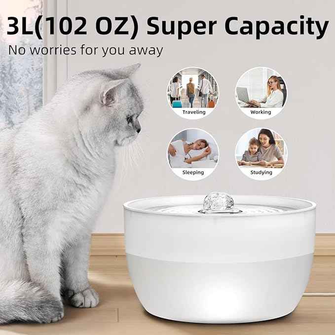 Casfuy W8 Stainless Steel Dog & Cat Water Fountain with LED Light, White, 102-fl oz