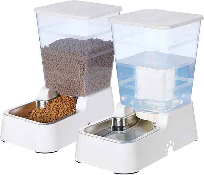 Automatic 5.4L/1.4Gal Pet Waterer, Automatic Dog Water Dispenser Gravity Stainless Steel Water Feeder, Large Capacity Feeding Bowls for Cats and Medium & Large-Sized Dogs (White, Food+Water)