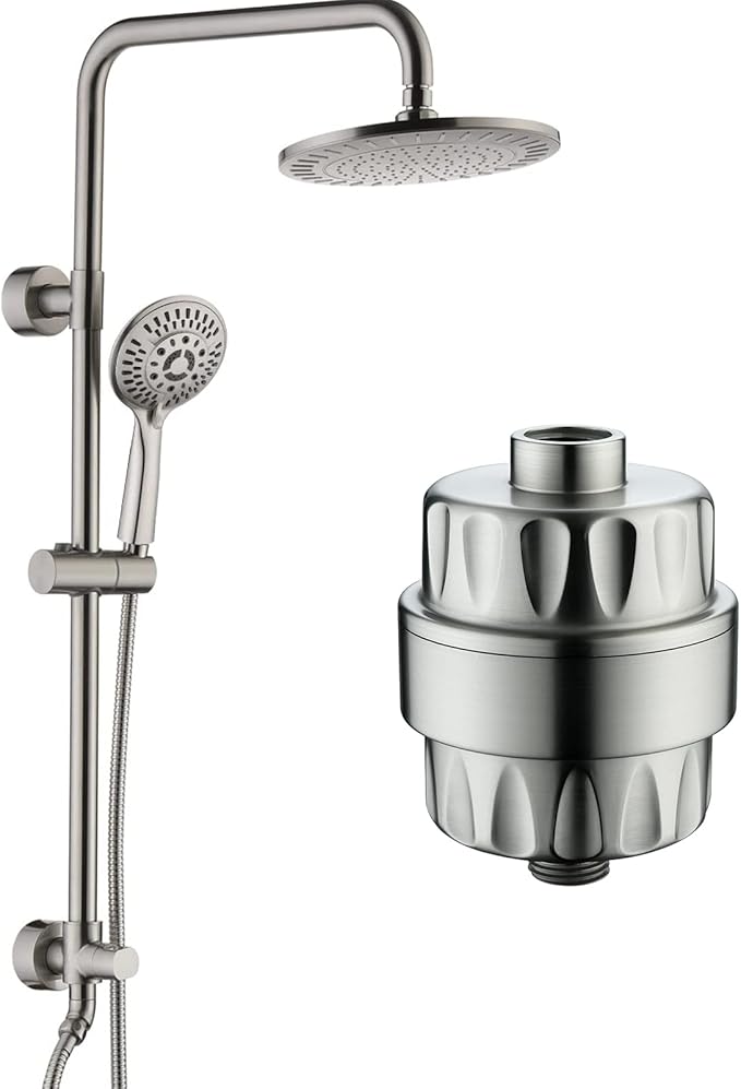 BRIGHT SHOWERS Rain Shower Heads System with High Output Shower Filter for Hard Water, Brushed Nickel
