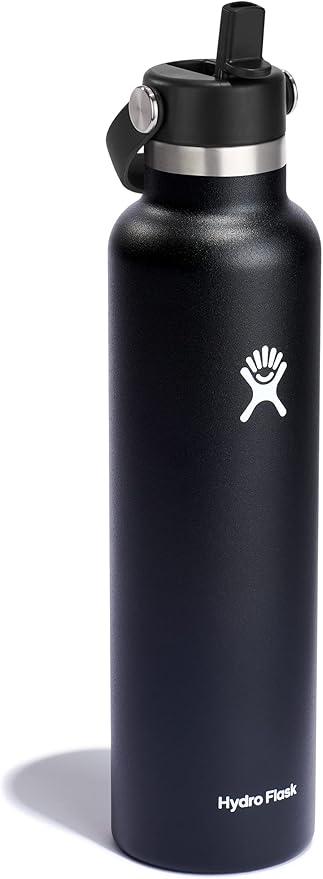 Hydro Flask Water Bottle - Insulated Stainless Steel - Straw Lid, Non Spill, Leakproof 24 Oz Black