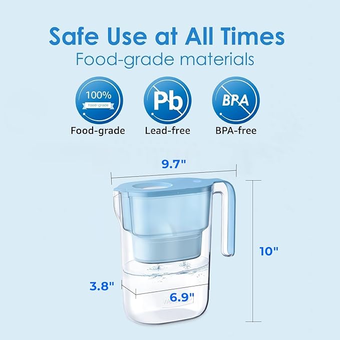 Waterdrop Water Filter Pitcher with 3 Filters, 5X Times Lifetime, Lasts 600 Gallon Long-Life, for Fridge, Countertop and Gift, Reduces PFOA/PFOS, Chlorine, 7-Cup Capacity, Elfin, Blue